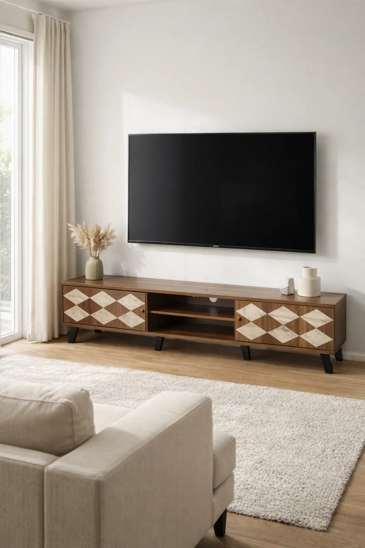 حامل تلفزيون خشبي حديث بني داكن بنمط حجر بيج 160 × 40 × 43 سم