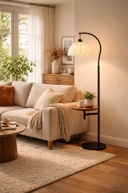 Modern Floor Lamp with Built-in Side Table and Fabric Shade for Living Room