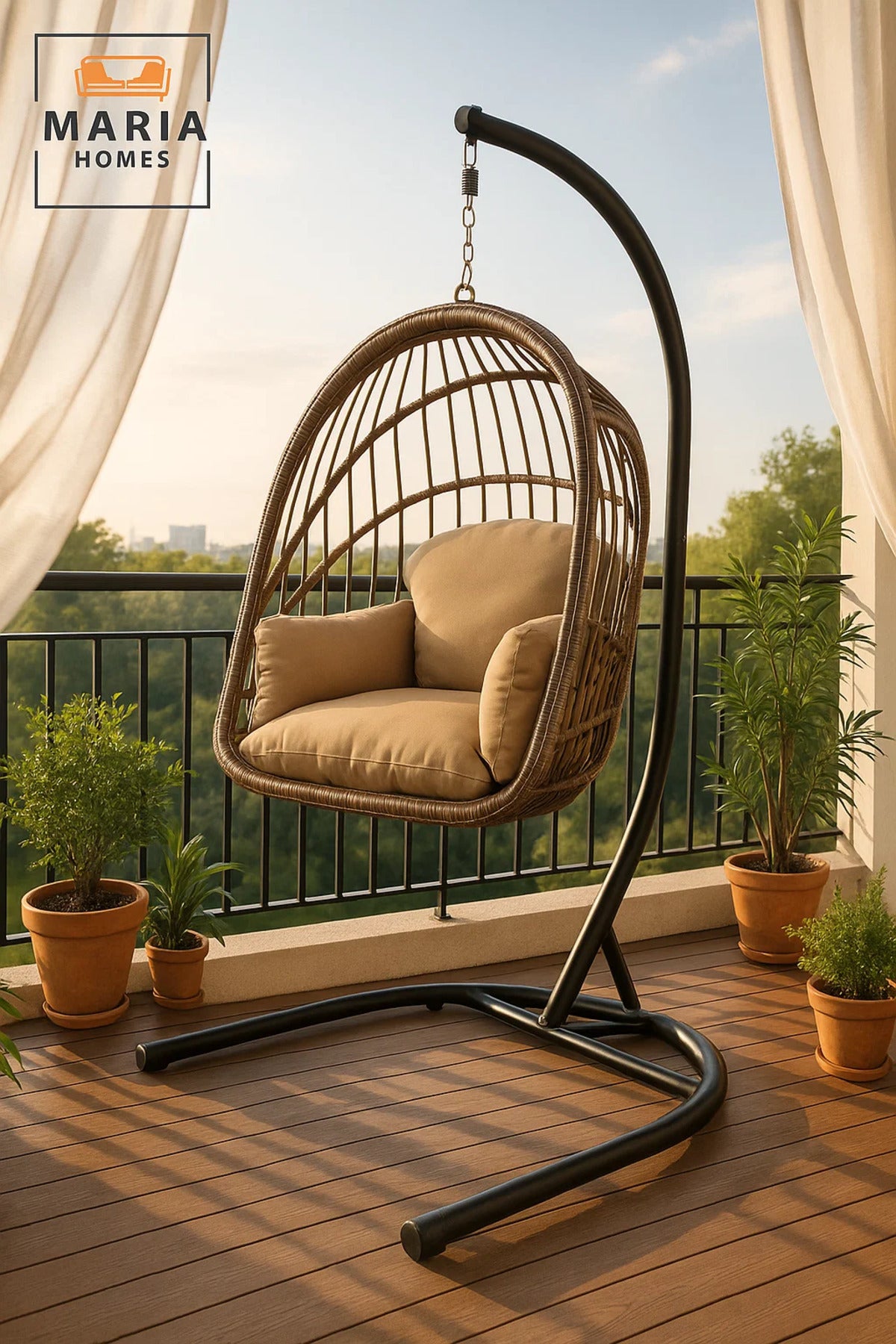 Stylish Rattan Hanging Egg Chair with Stand √ê Indoor Outdoor Swing Chair | Comfortable Cushion Seat