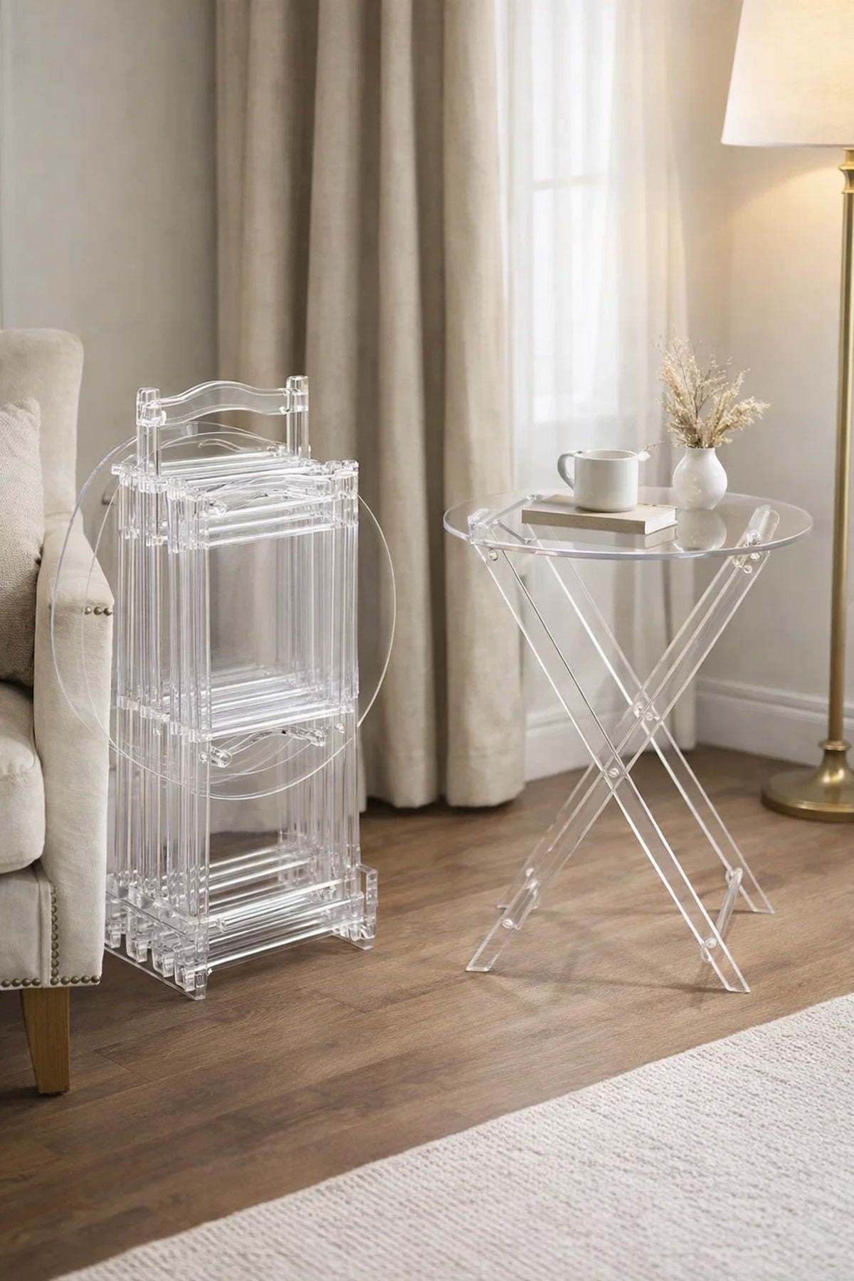 Modern Clear Acrylic Folding Side Table Set with Stand Transparent Tray Table for Living Rooms