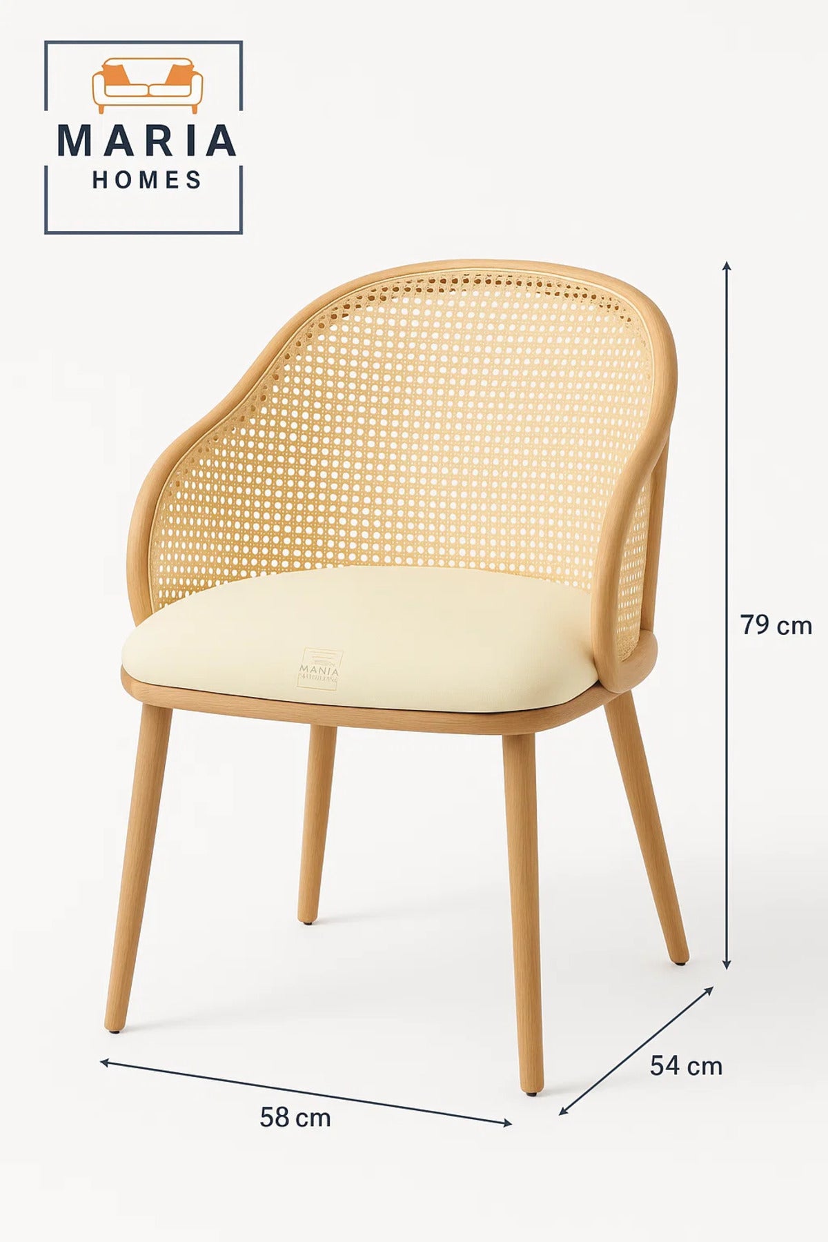 Natural Rattan Curved Back Chair with Cream Cushion Ð Elegant Cane Accent Chair for Living or Dining