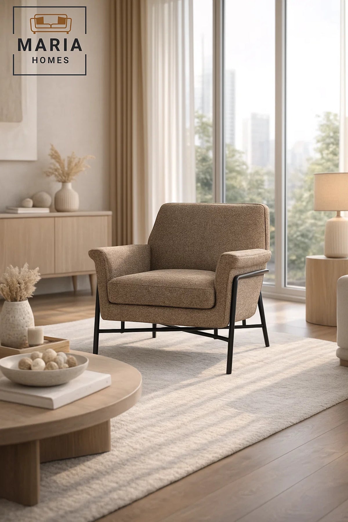 Modern Upholstered Armchair Brown Comfortable Accent Chair with Metal Frame