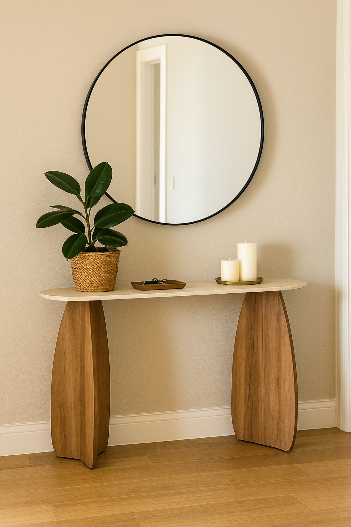Modern Console Table 140_40_80 cm Ð Brown Wooden Base with Beige Top for Entryway & Living Room