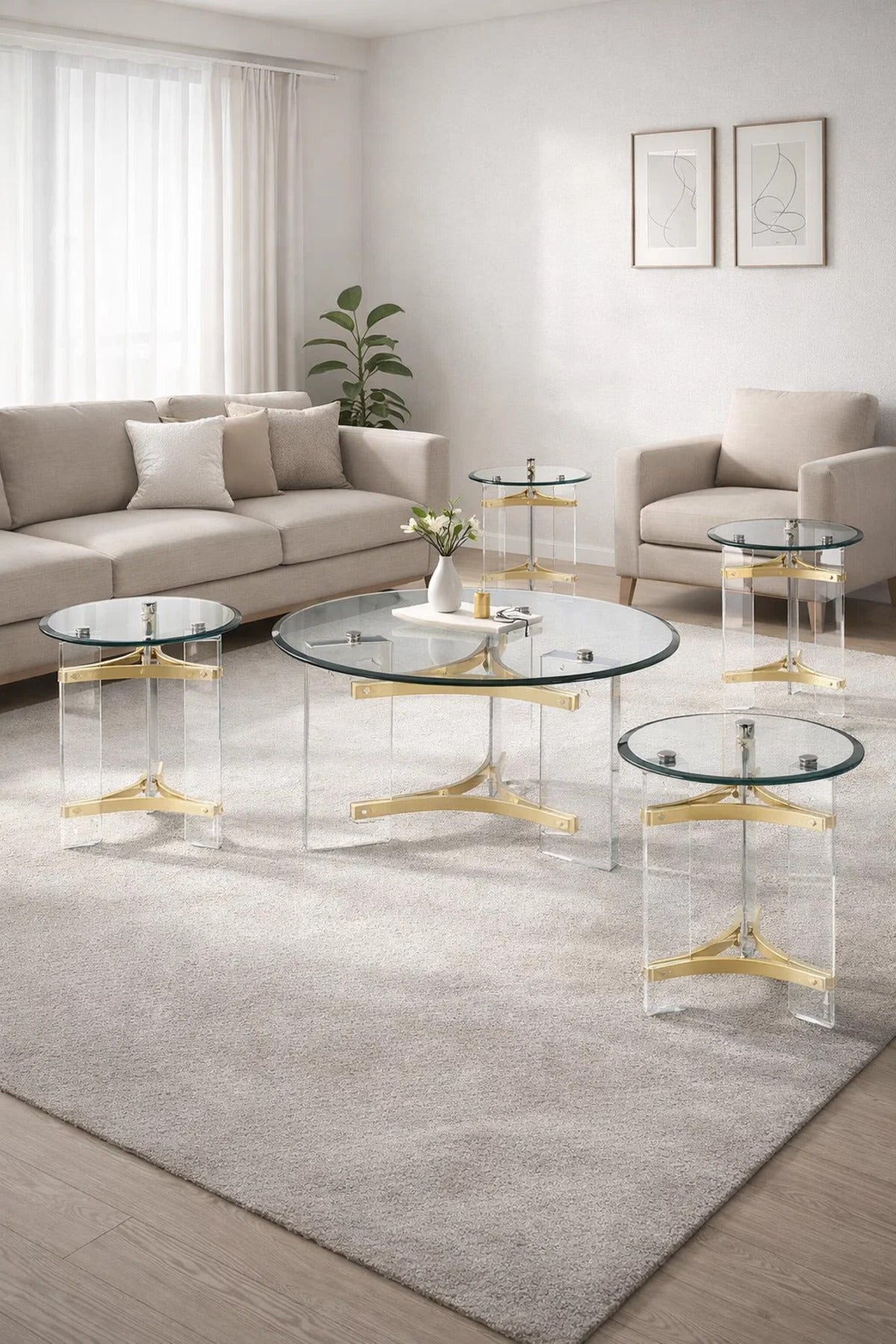 5-Piece Glass Coffee Table Set with Gold Acrylic Base √ê Modern Living Room Set