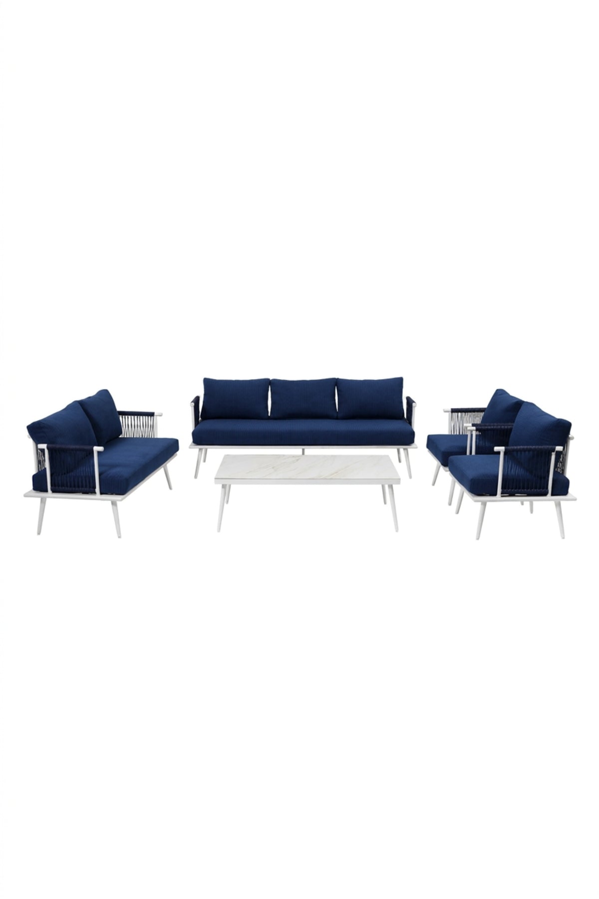 5-Piece Outdoor Patio Conversation Set with Navy Blue Cushions & White Aluminum Frame √ê Modern Garden Lounge Furniture