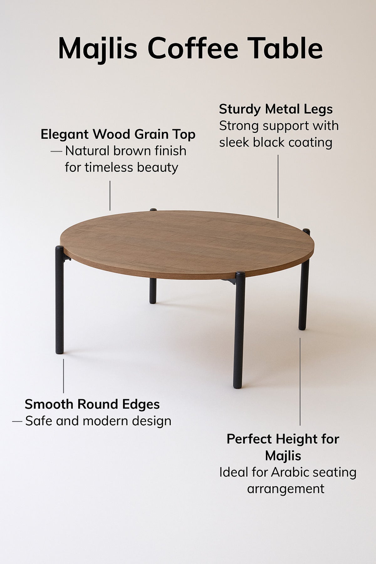 Round Brown Coffee Table with Black Metal Legs Ð Modern Center Table for Living Room 80_30 cm
