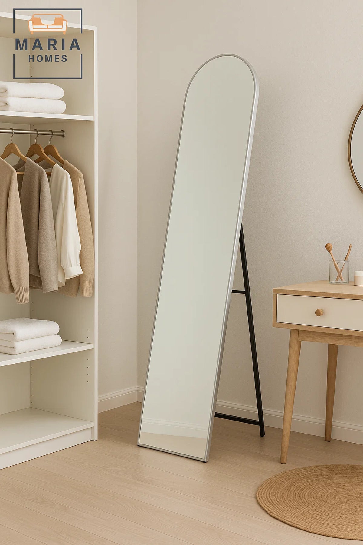 Modern Silver Full-Length Mirror 160x40cm Ð Arched Standing Mirror for Bedroom, Dressing Room