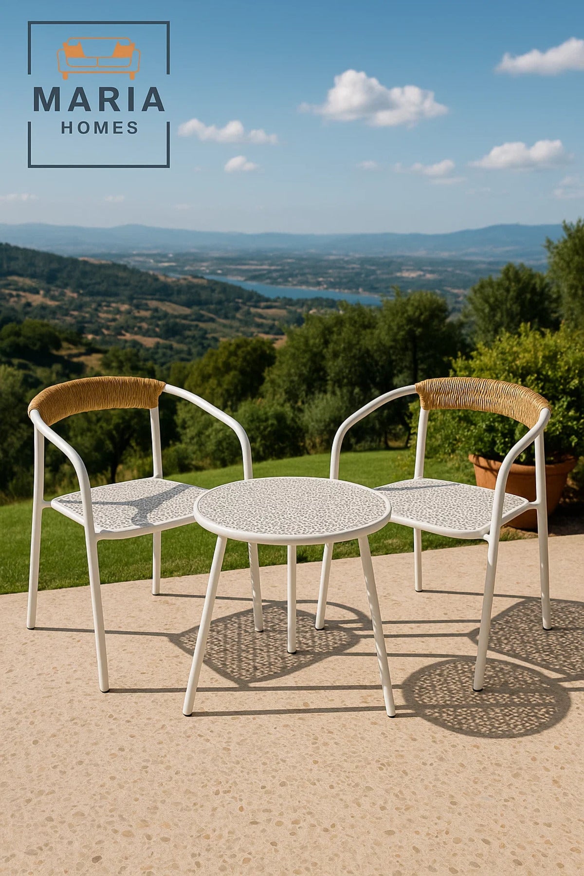 Modern White Metal Chair with Rope Backrest Indoor & Outdoor Use Lightweight & Durable Minimalist