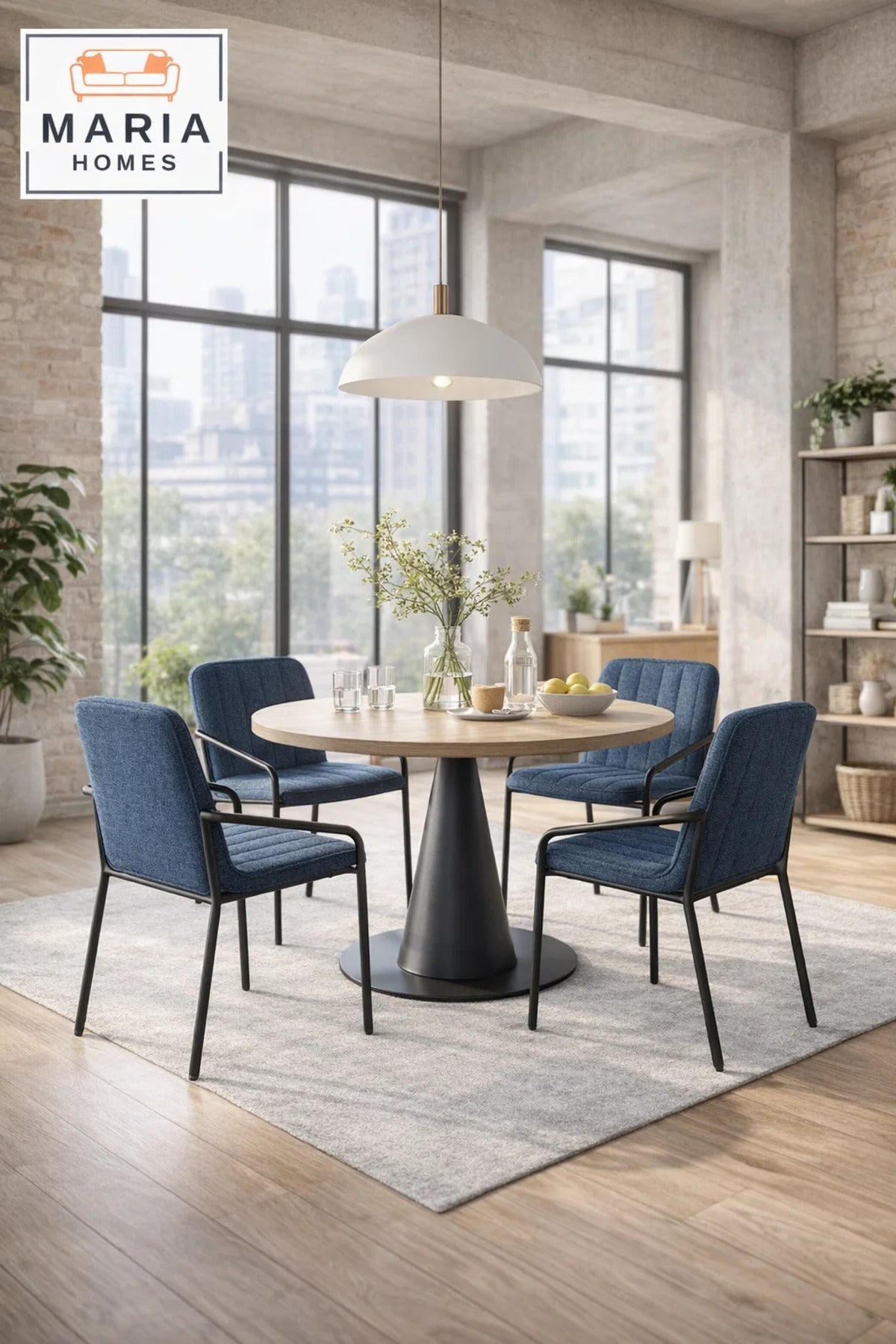 Deep Blue Upholstered Dining Chair with Black Metal Frame Ð Modern Accent Chair with Armrests