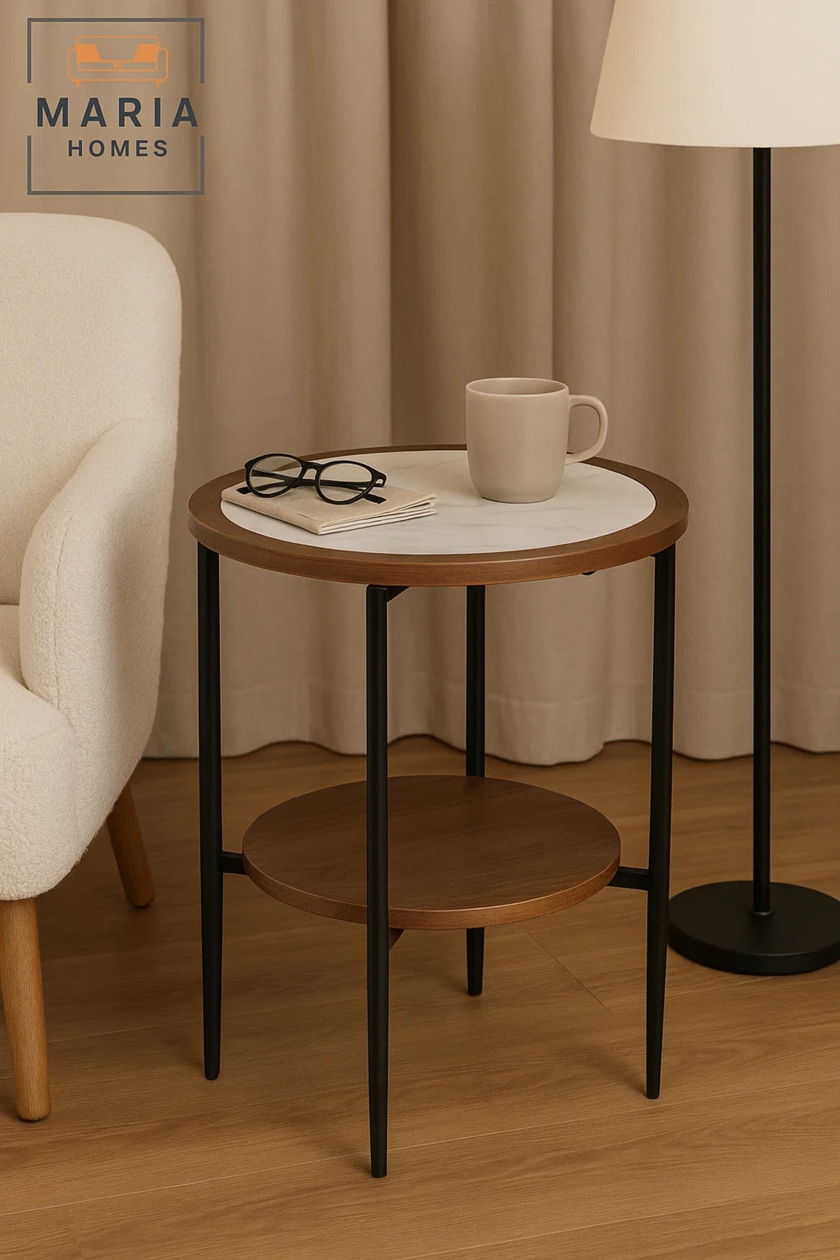 Round Side Table with White Marble-Inspired Top and Wooden Shelf