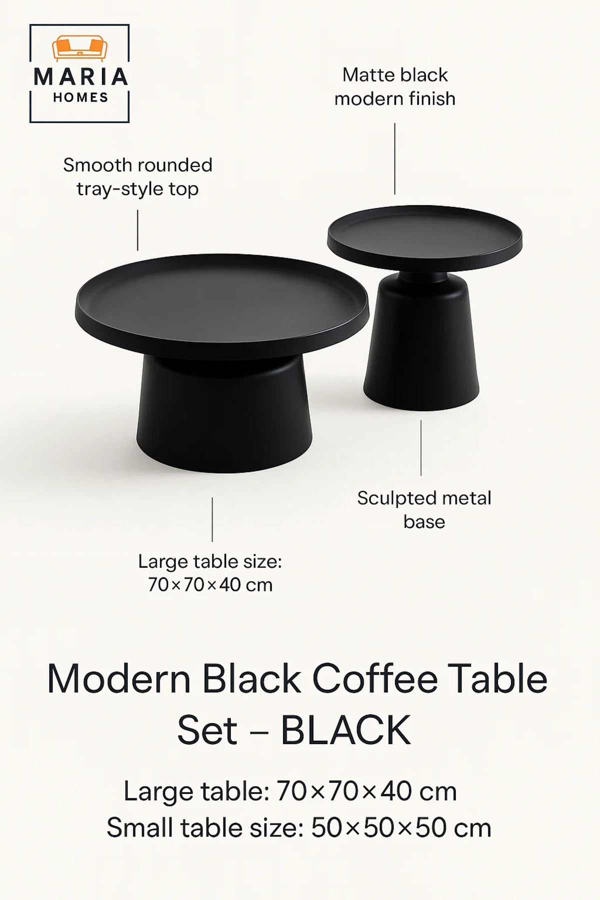 Modern Black Tea Table Set 1+1 √ê Round Coffee Table and Side Table 70_70_40 / 50_50_50