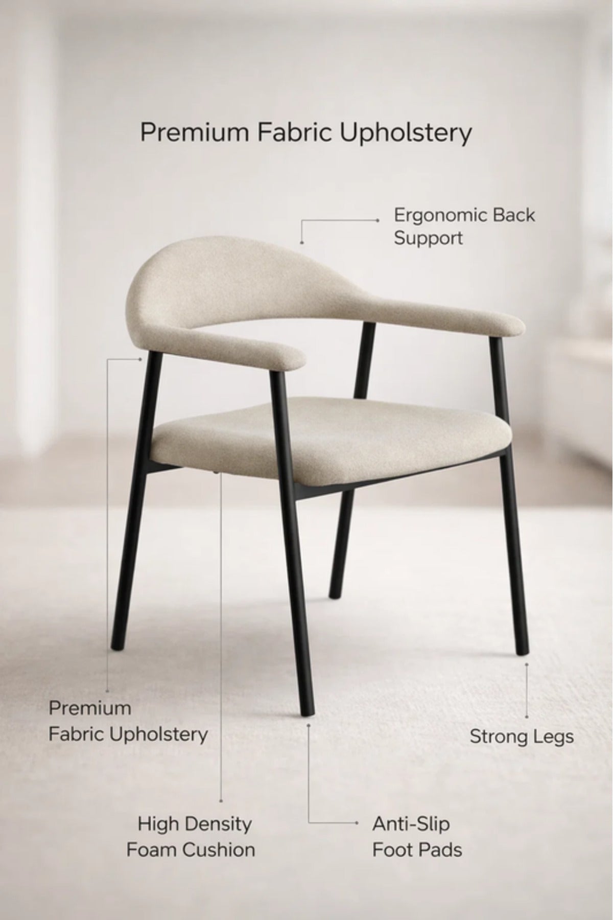 Modern Camel Upholstered Dining Chair with Curved Back & Black Metal Legs