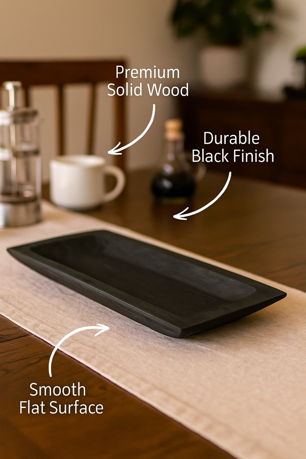Black Wooden Rectangular Decorative Tray Ð Modern Minimalist Centerpiece