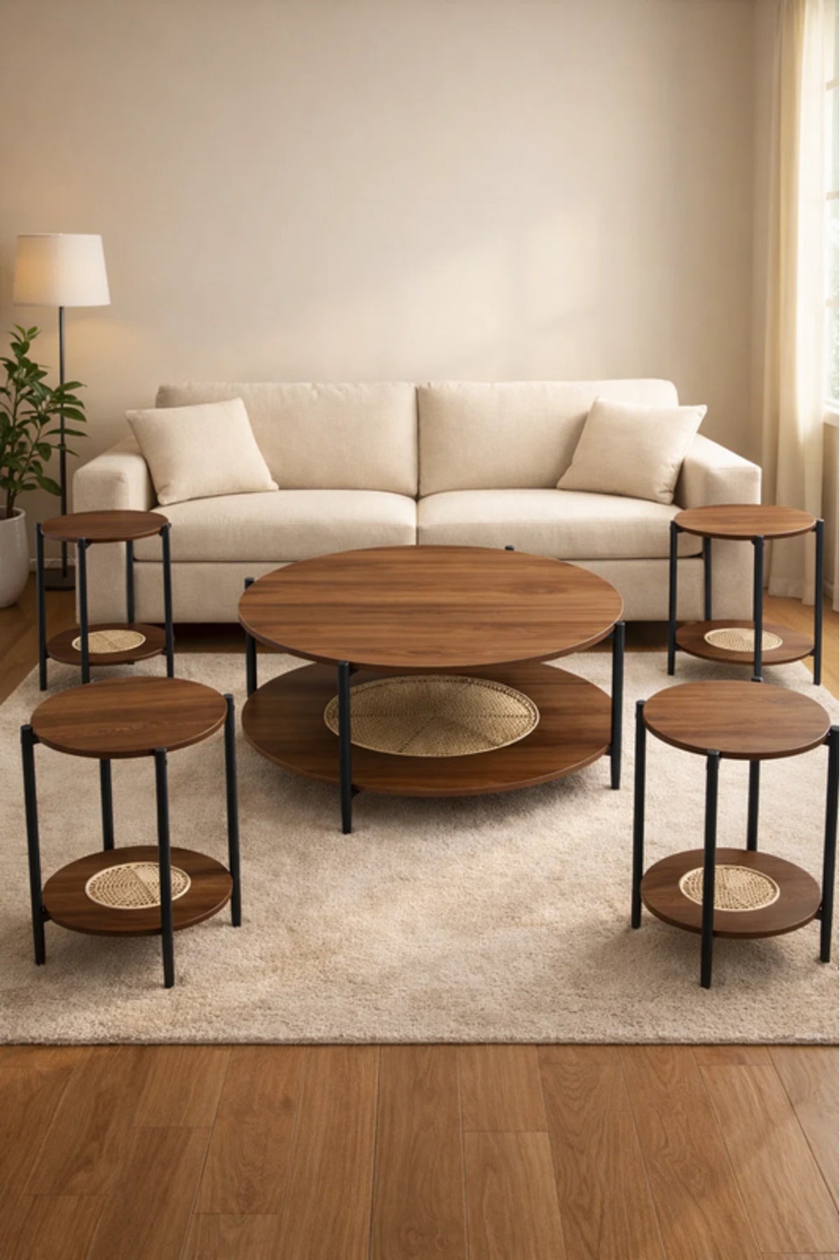 Modern 5-Piece BROWN B Concrete and Metal Coffee Table Set