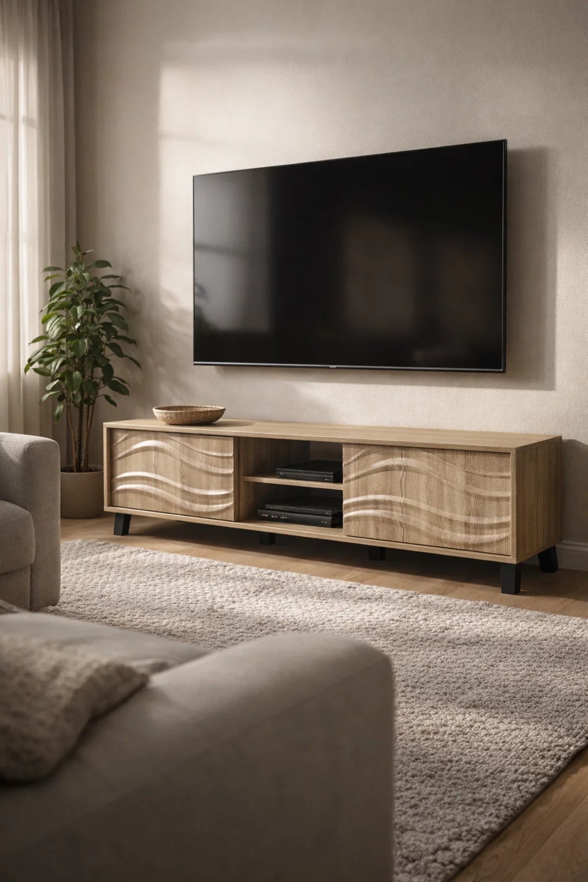 Modern Wooden TV Stand with Wave Panel Doors √ê Contemporary Entertainment Console