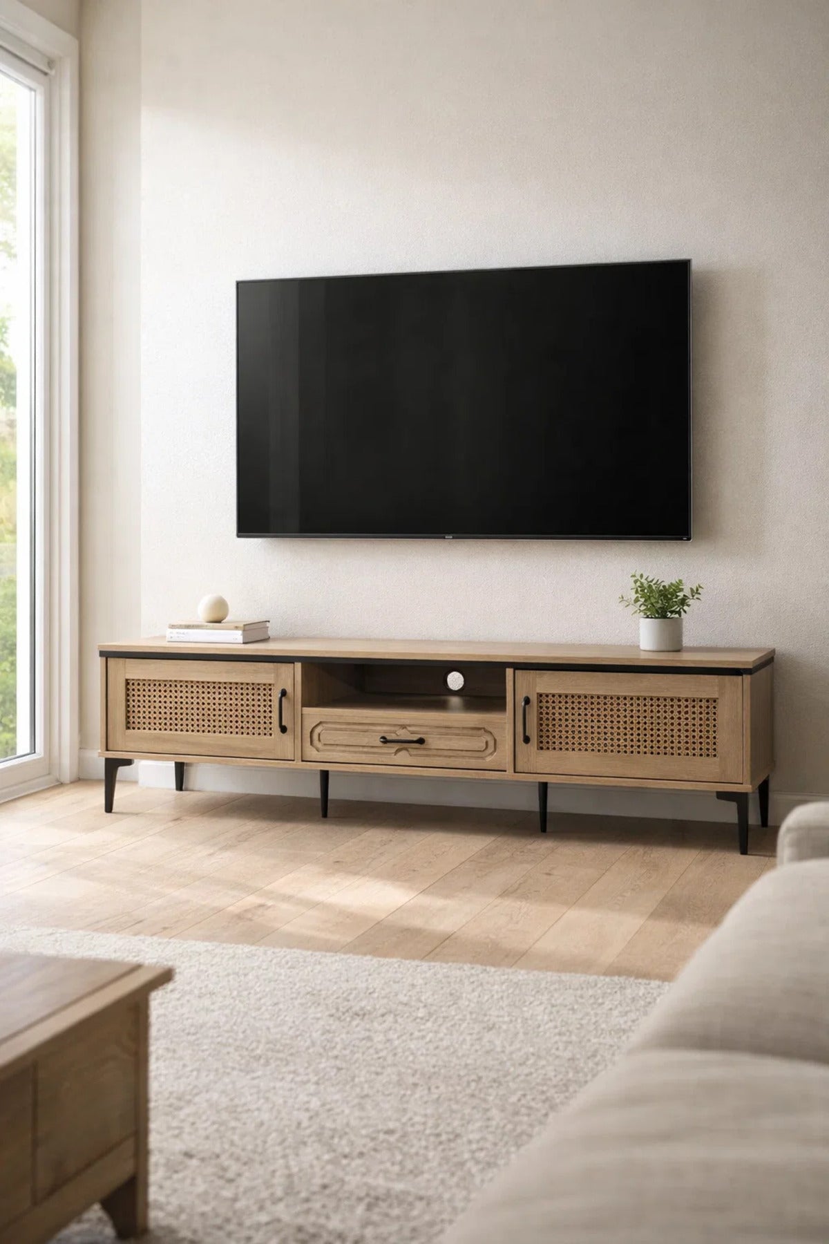 Natural Wood TV Stand √ê 180x40x46 cm Modern Plasma Table with Cabinets & Drawer