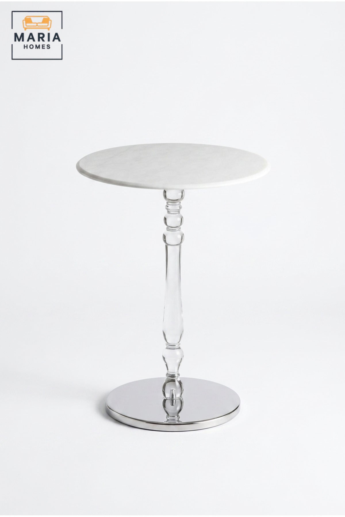 Modern Round Side Table with White Marble Top, Polished Silver Pedestal & Mirrored Base, Luxury Accent End Table for Living Room Bedroom Sofa Lounge