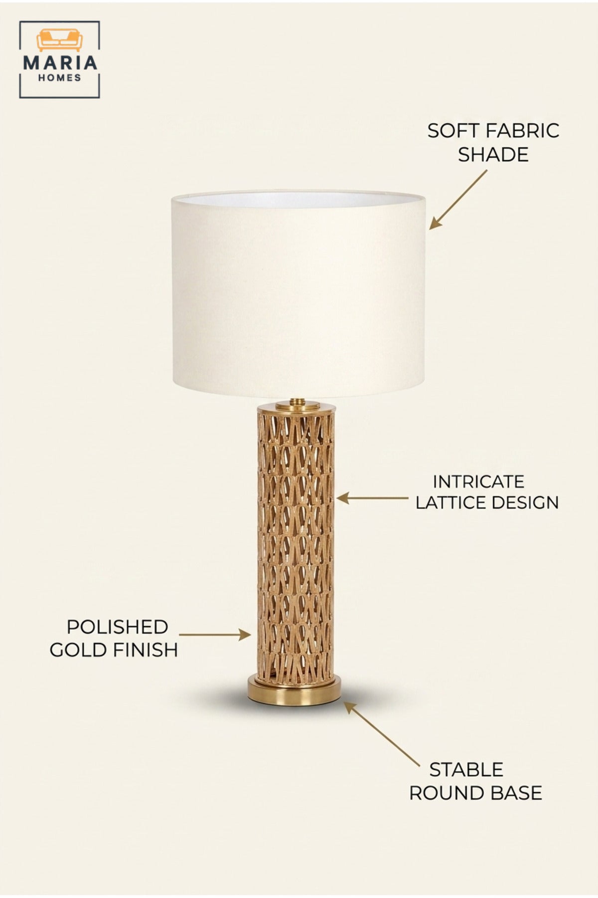 Luxury Gold Lattice Table Lamp with White Drum Fabric Shade and Decorative Cylindrical Base for Bedroom, Living Room, Office, Hotel and Bedside Décor