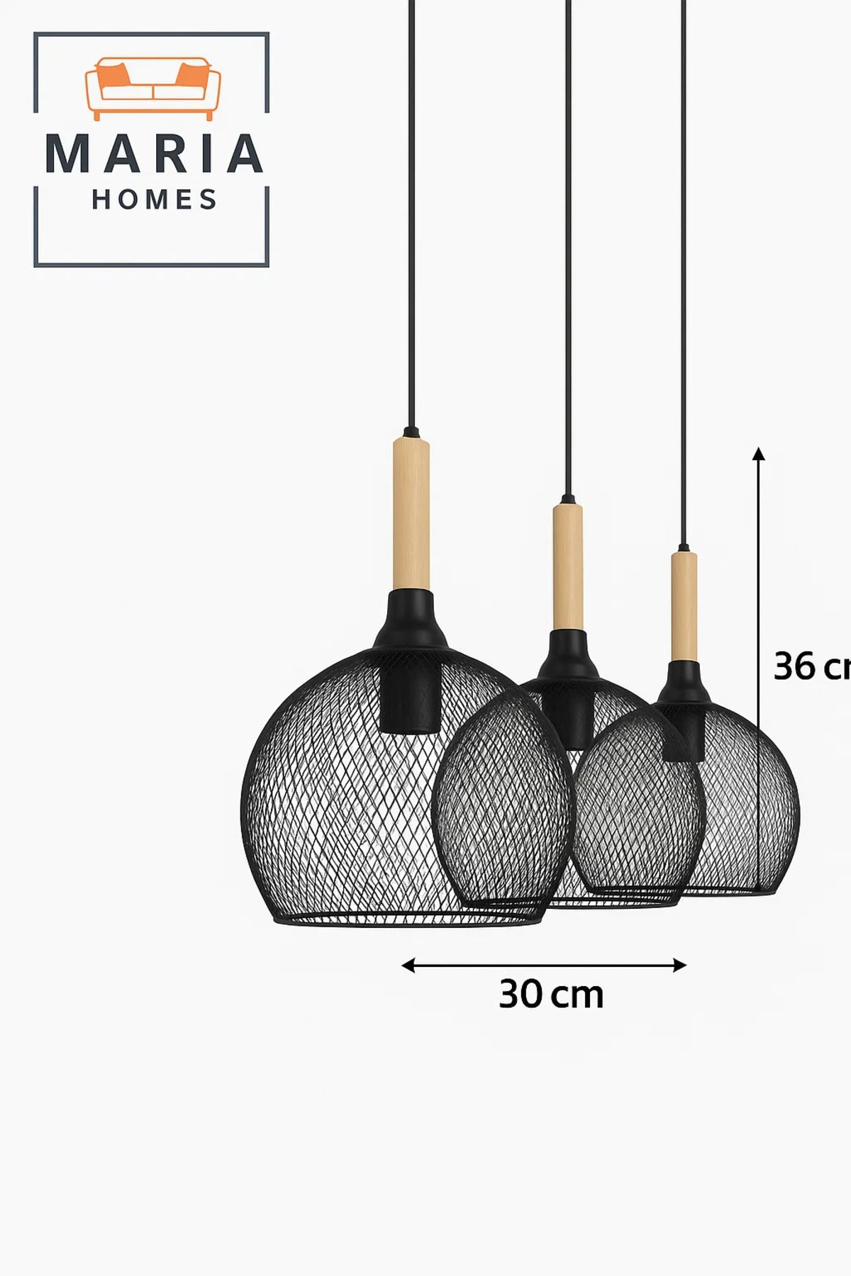 Triple Black Wire Mesh Pendant Light with Wood Tops