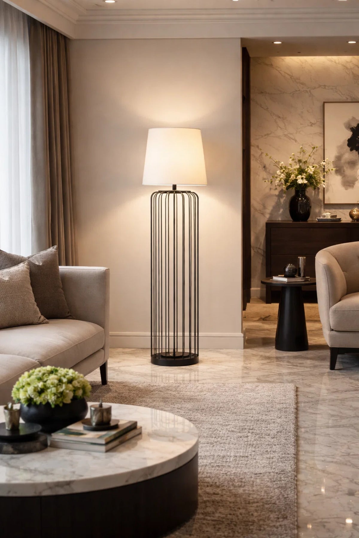Modern Black Cage Style Floor Lamp with Fabric Shade for Living Room Decor