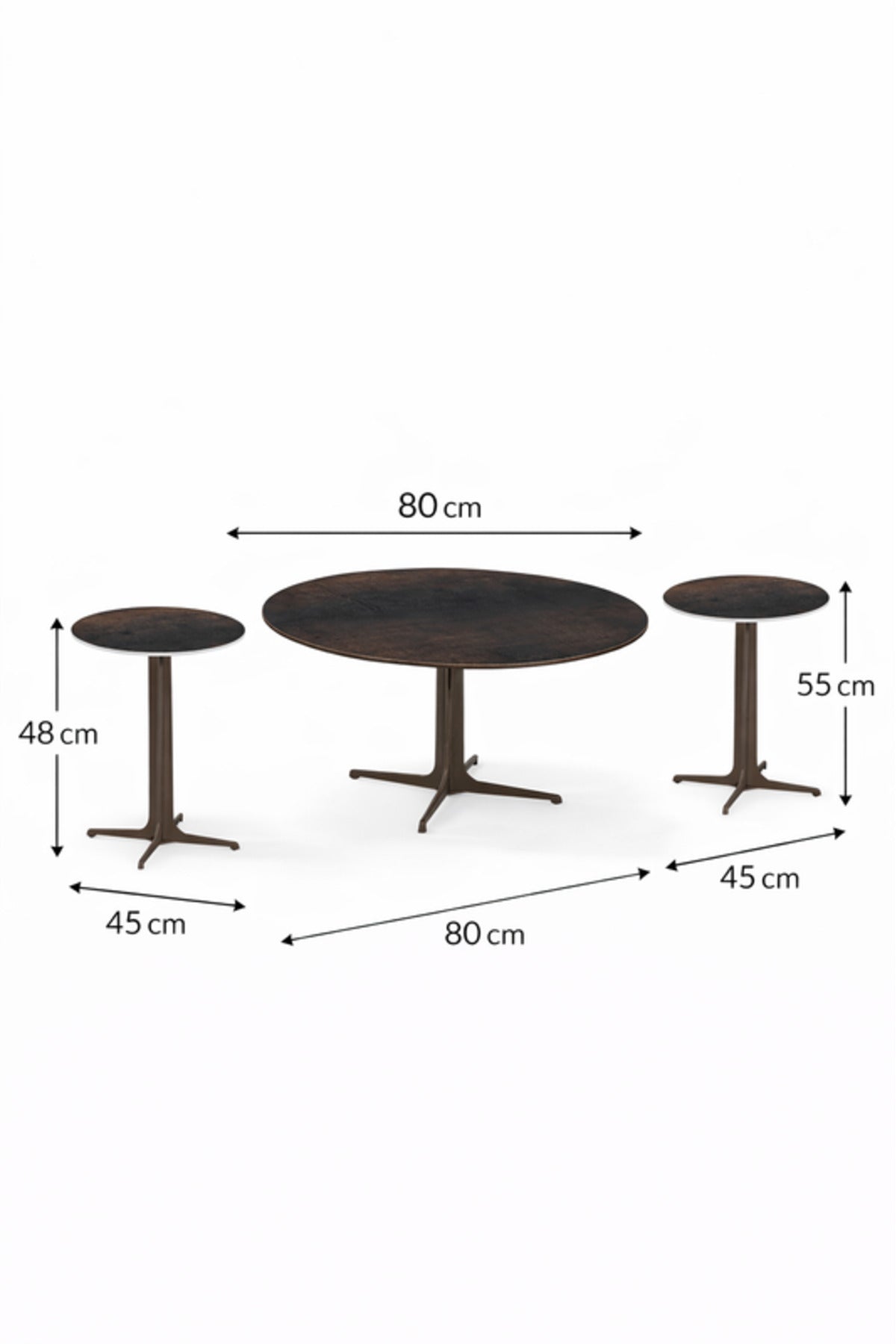 Brown Ceramic Coffee Table Set 1+2 with Metal Base 80_80_48 cm 45_45_55 Side Tables