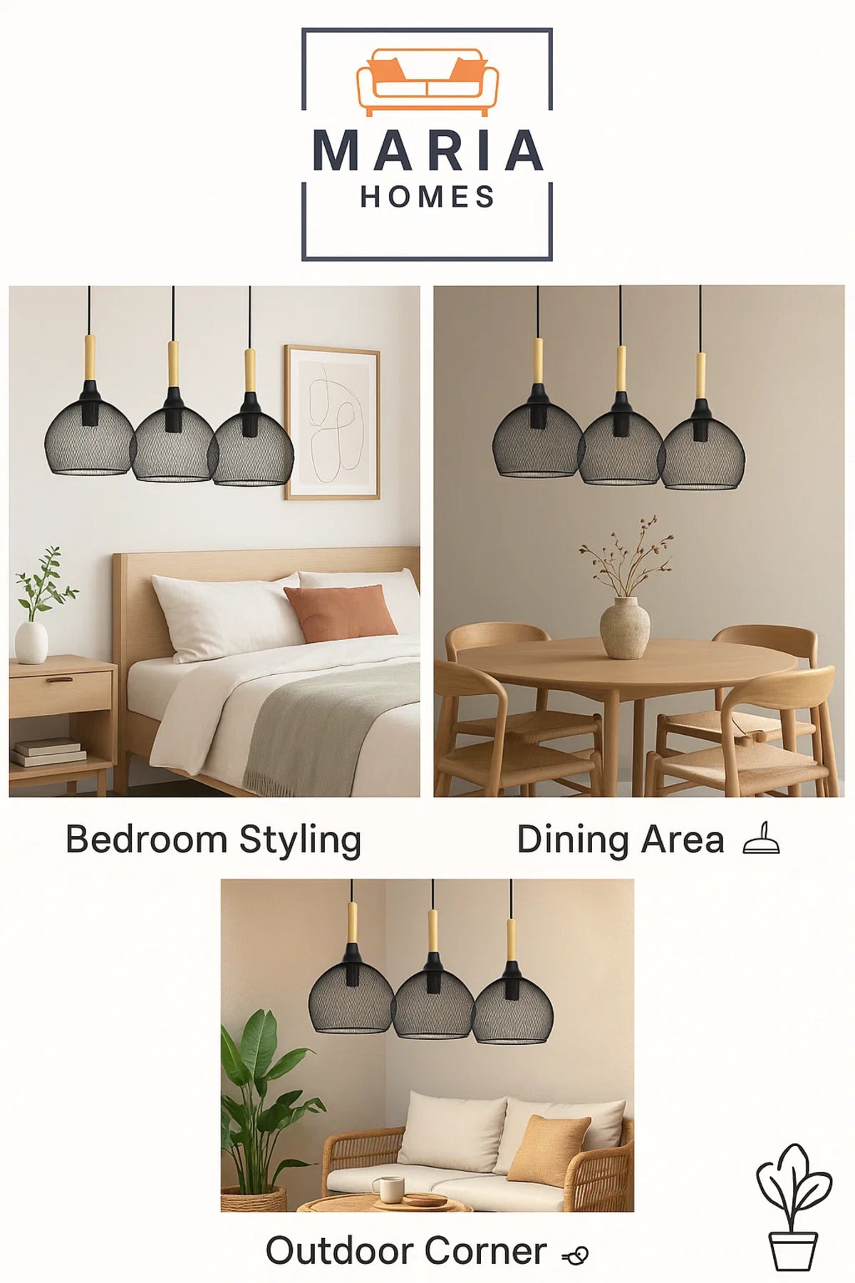 Triple Black Wire Mesh Pendant Light with Wood Tops