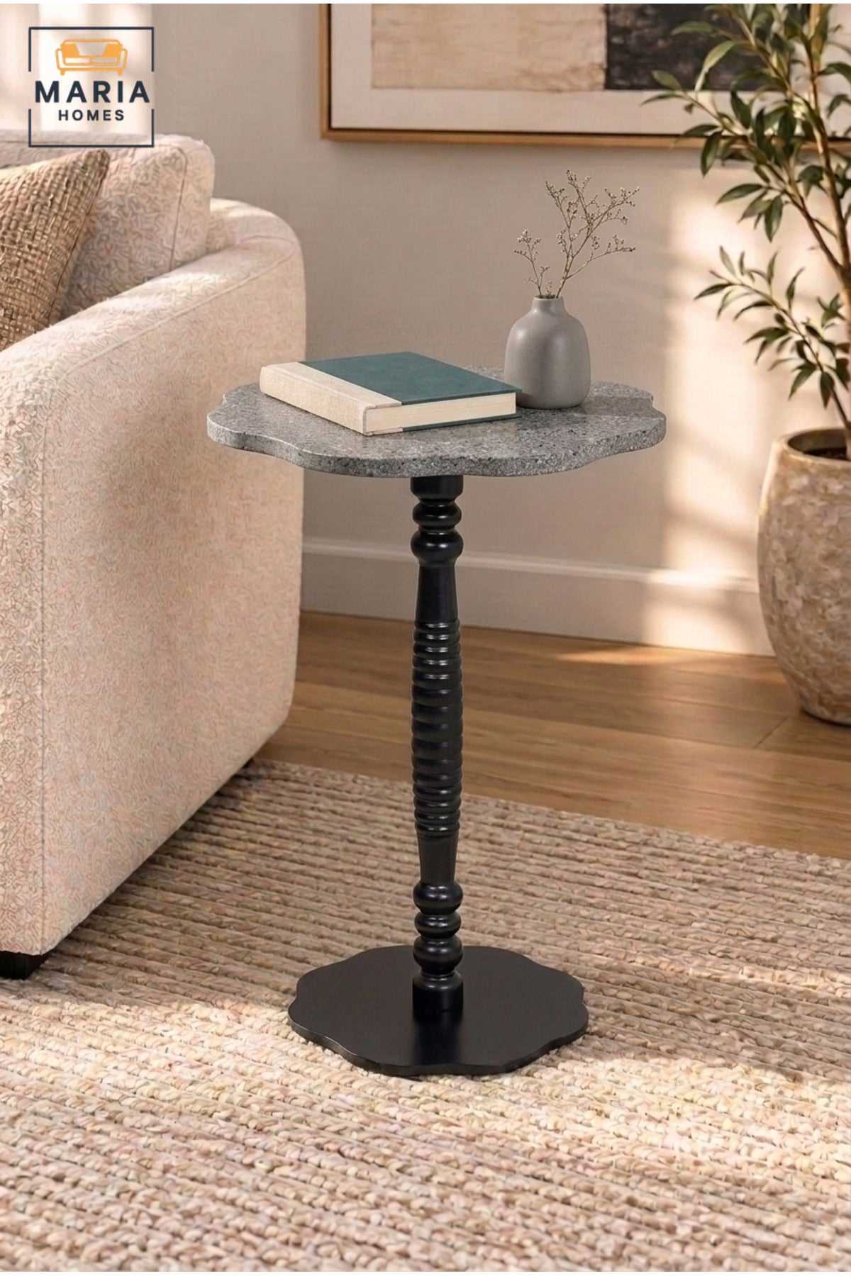 Modern Grey Top Side Table with Decorative Black Pedestal Base, Compact Accent Table for Living Room, Bedroom, Sofa Side & Lounge – 40 × 60 cm