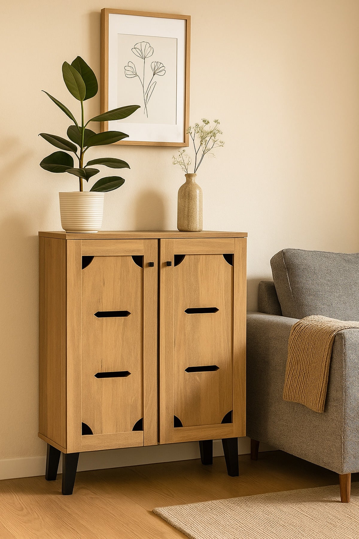 Light Brown Wooden Shoe Cabinet 80_32_94 cm √ê Modern 2-Door Storage Unit with Black Legs