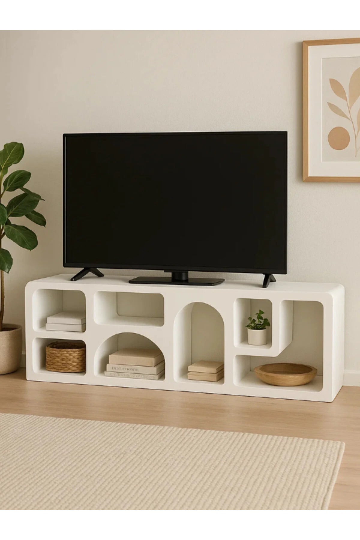 Modern White TV Stand with Arched Open Shelves – 180x40x50 cm Minimalist Media Console