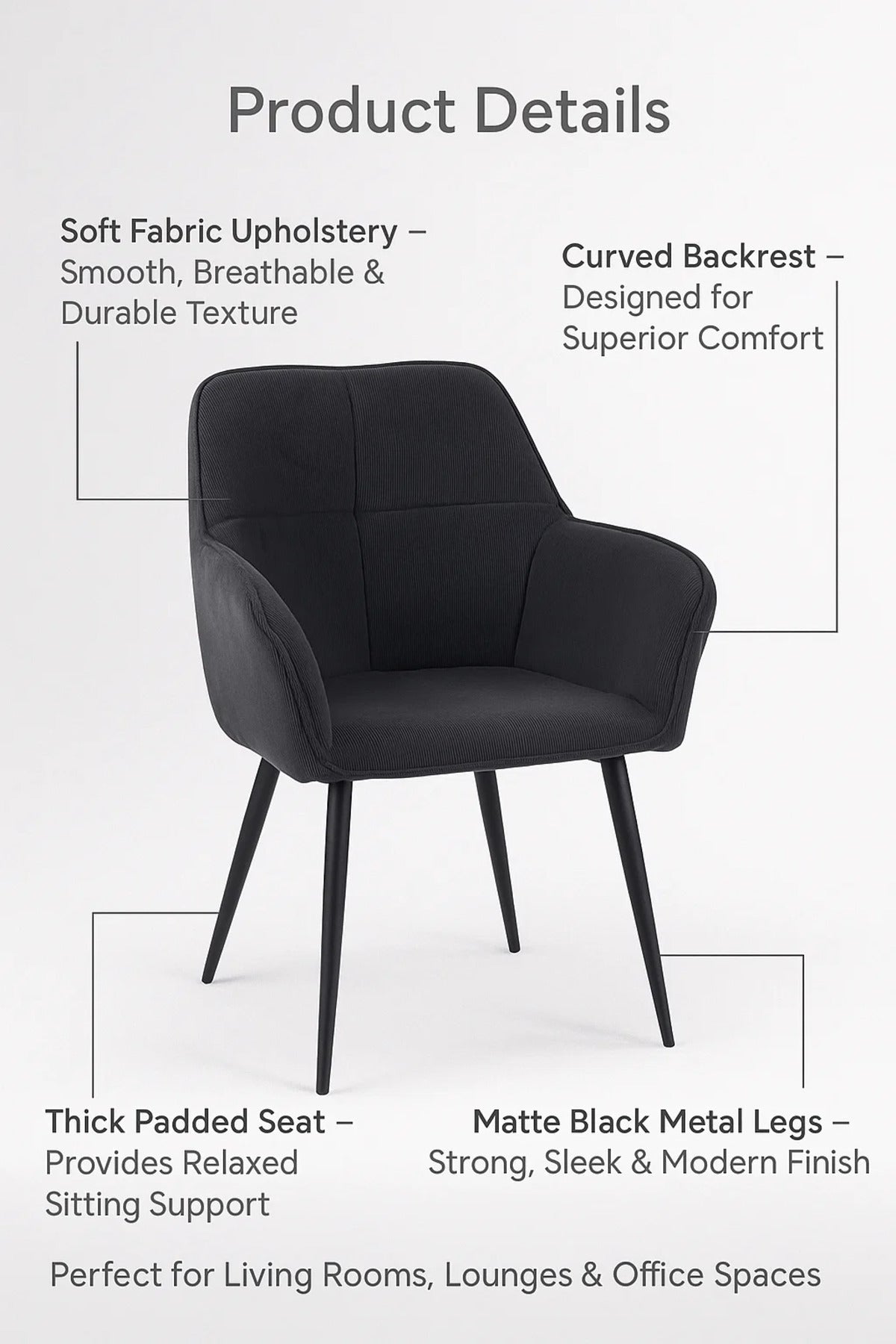 Black Fabric Armchair, Modern Accent Chair for Living Room, Office Cabin, Bedroom & Waiting Room