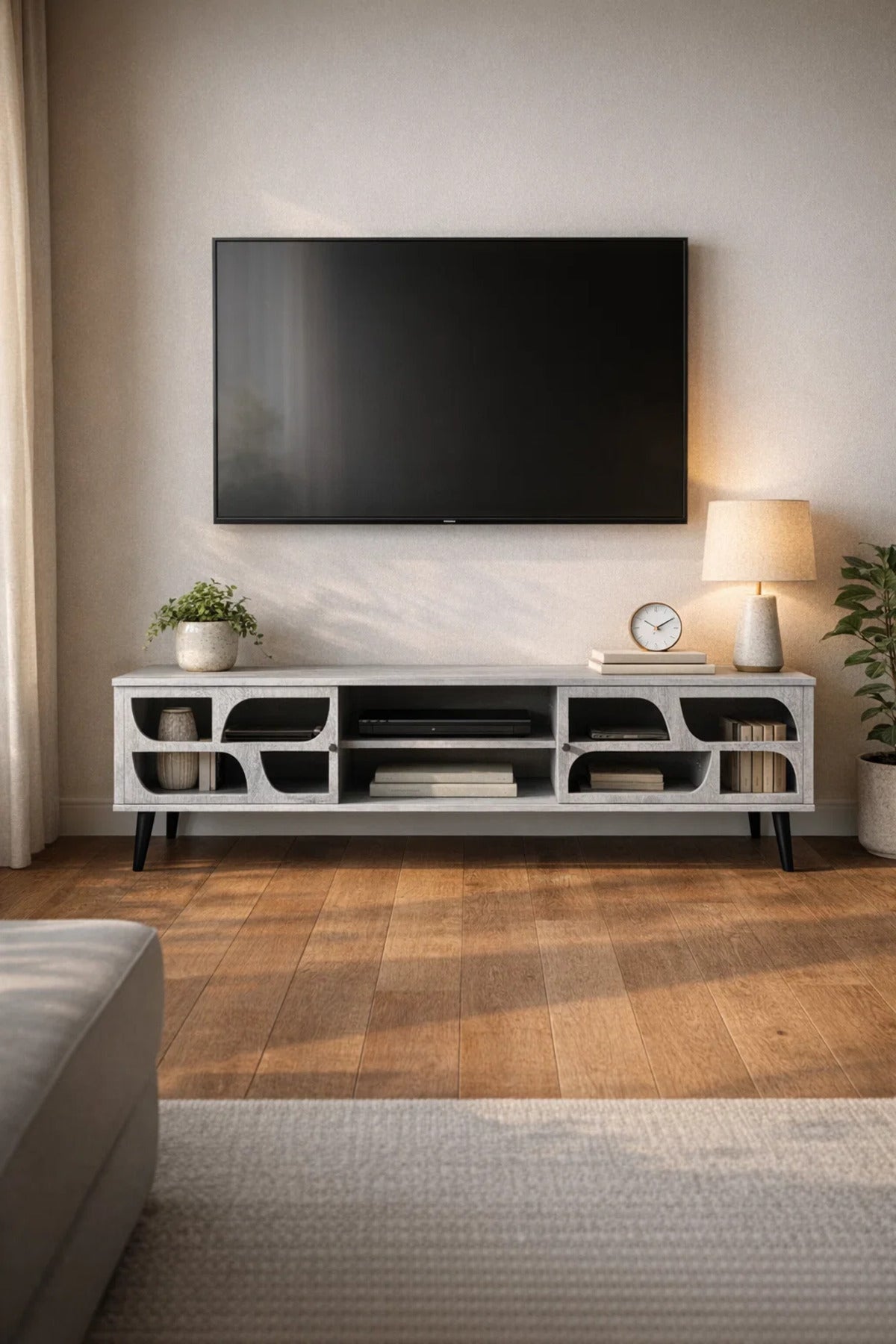 Stylish Grey TV Unit 160cm Modern Entertainment Center Console with Storage for Living Room