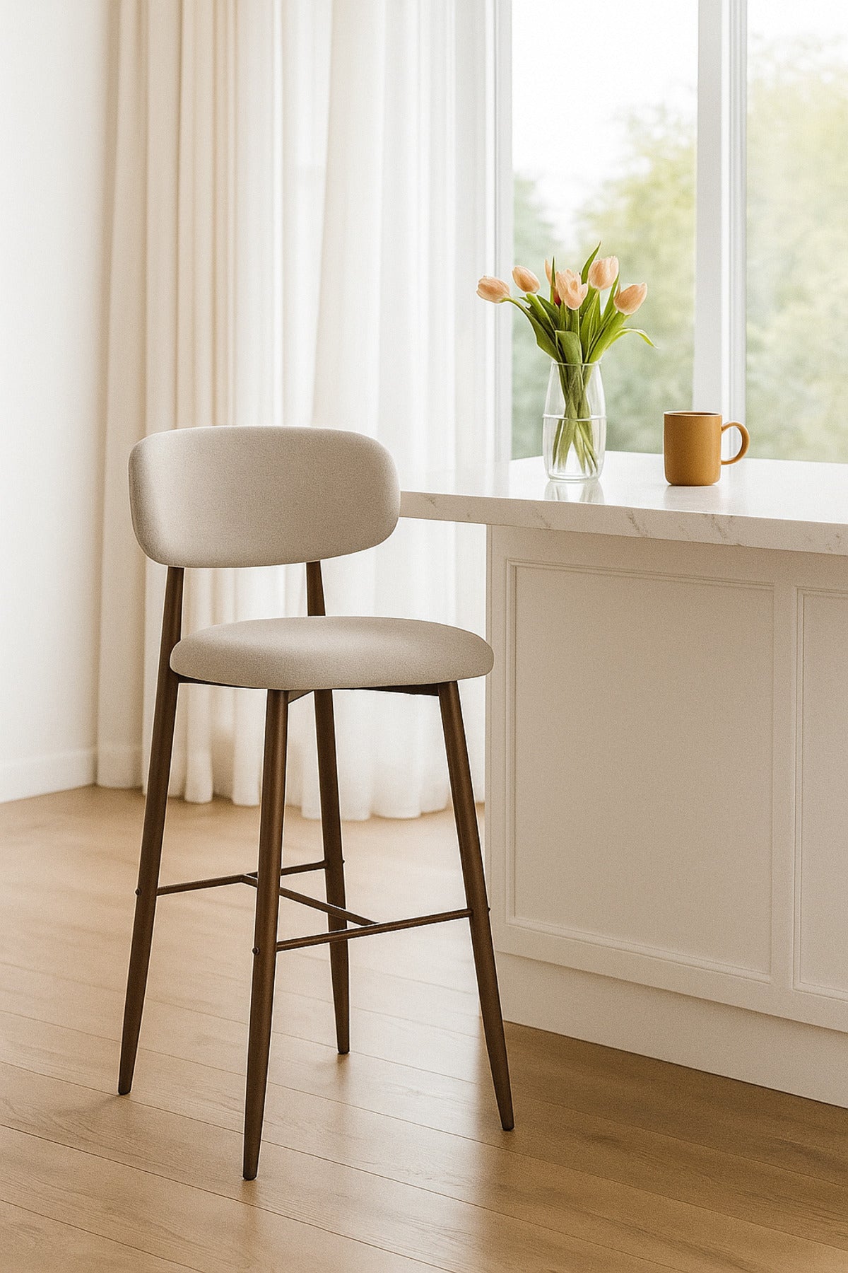 Beige Fabric Bar Stool Ð Modern High Chair with Backrest & Wooden Legs for Kitchen or CafŽ