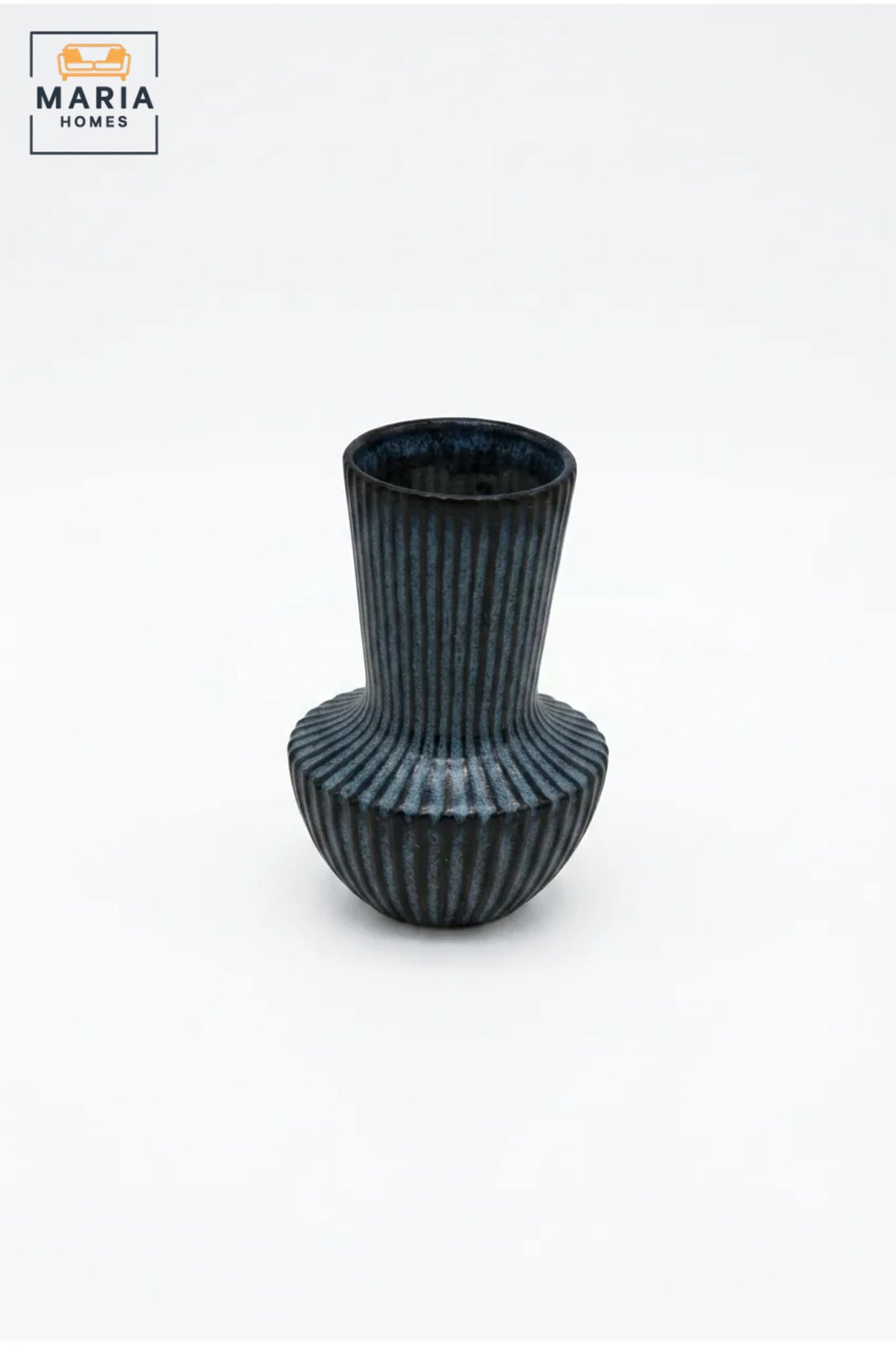 Blue Ribbed Decorative Vase, Modern Fluted Flower Holder with Tall Neck and Rounded Base for Living Room, Bedroom, Office, Shelf and Table Décor