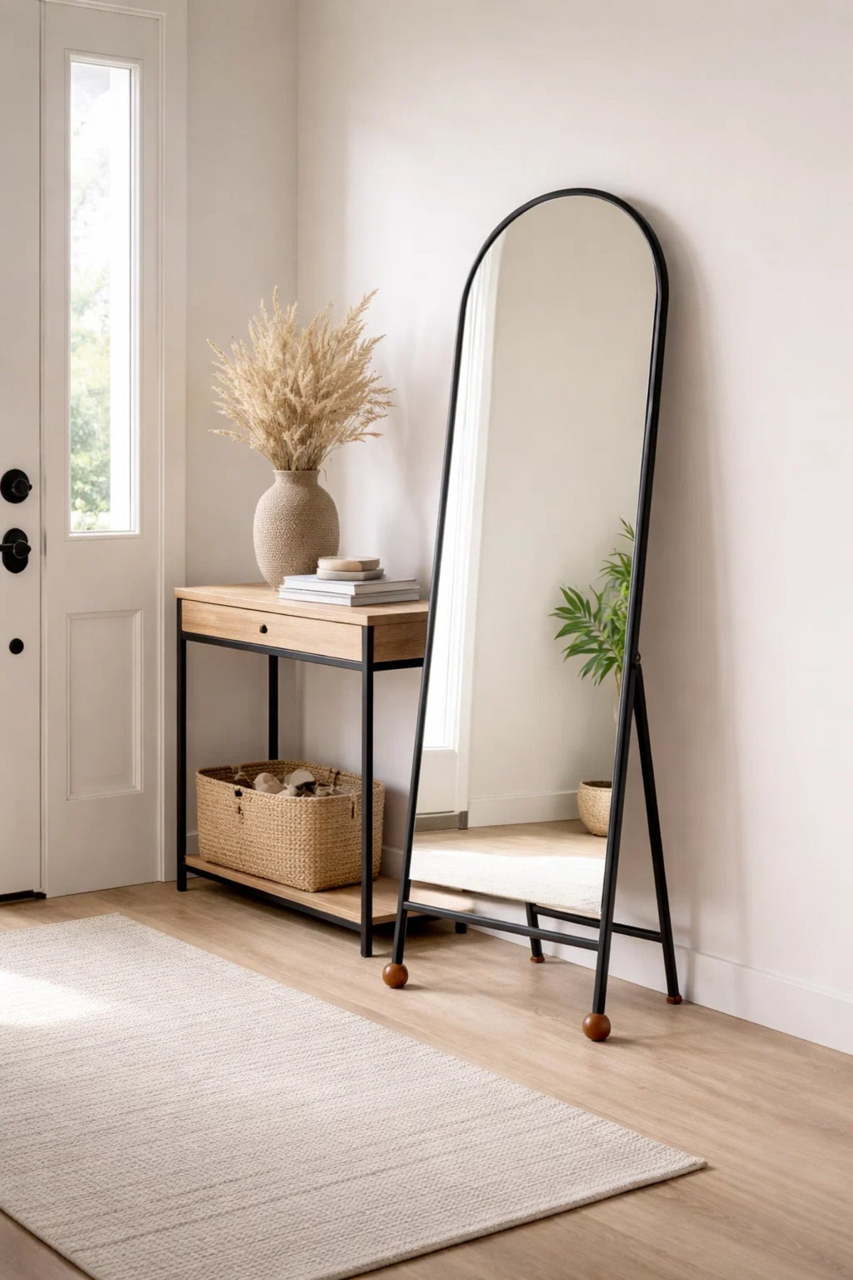 Modern Arched Full Length Floor Mirror with Black Metal Frame and Stand