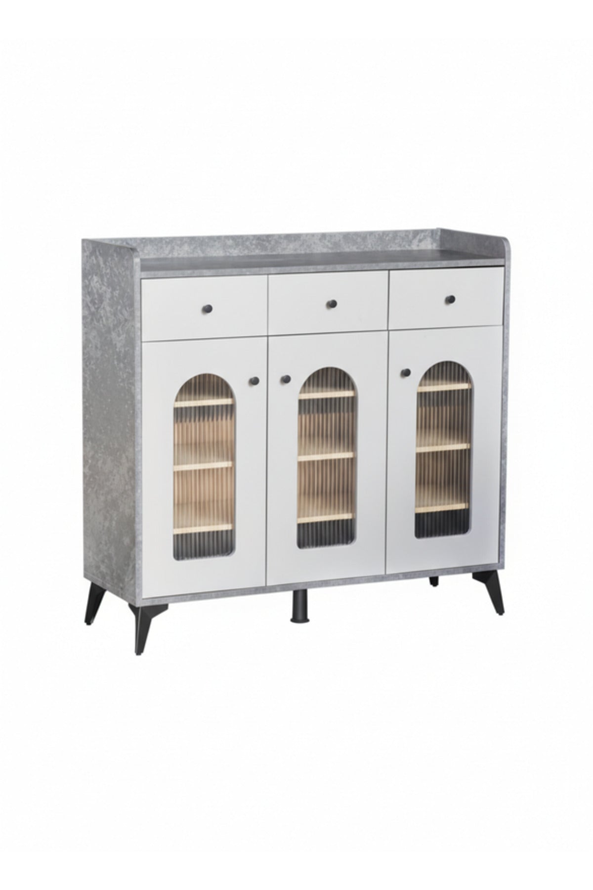 Modern Grey Sideboard Cabinet with Glass Doors & LED Display Shelves