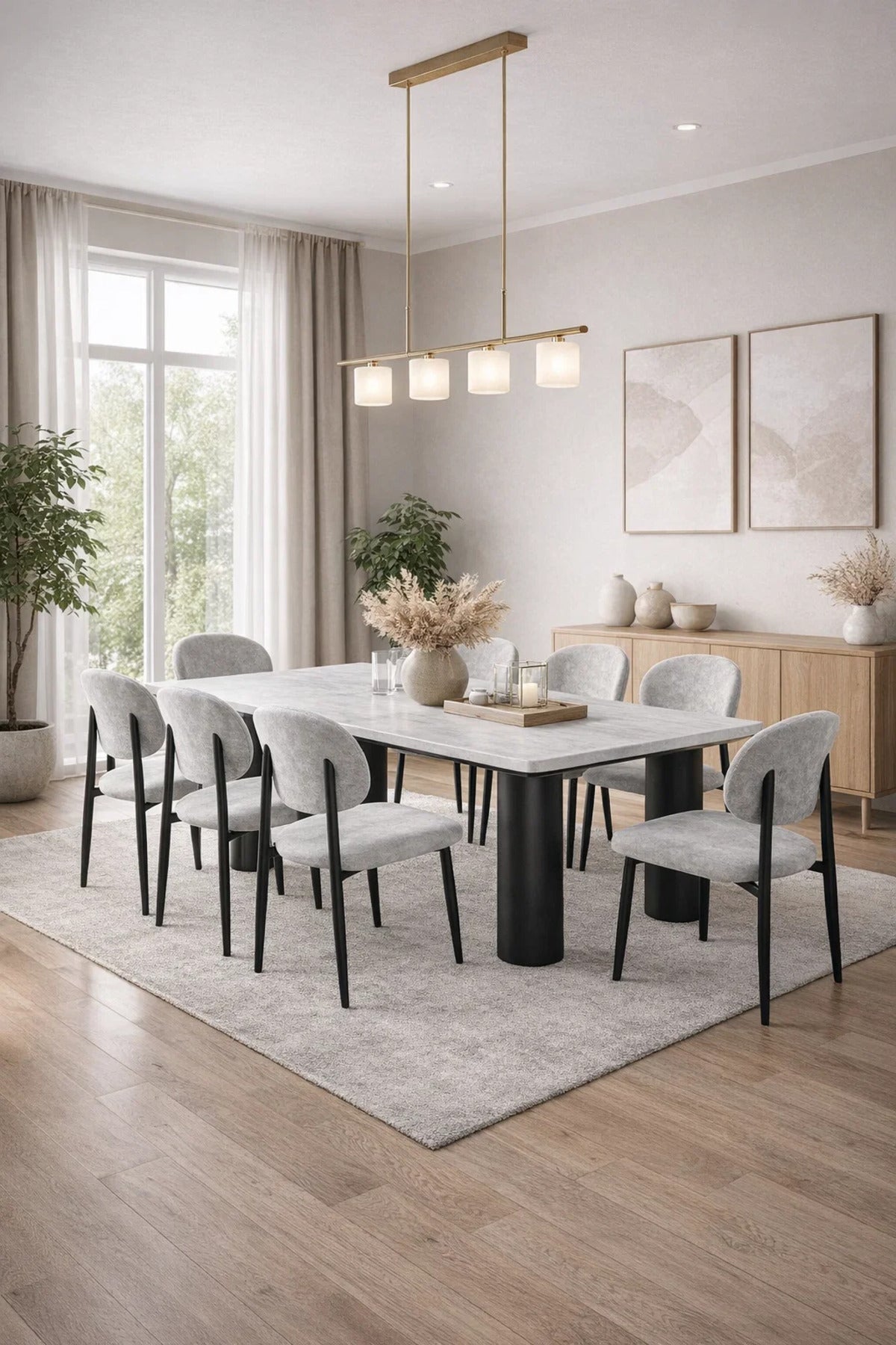 Modern Marble Top Dining Table Set with 8 Upholstered Chairs 220x100x75cm modern marble