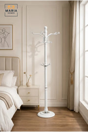 Modern White Wooden Coat Rack Stand with Multiple Hooks for Entryway Bedroom Organization