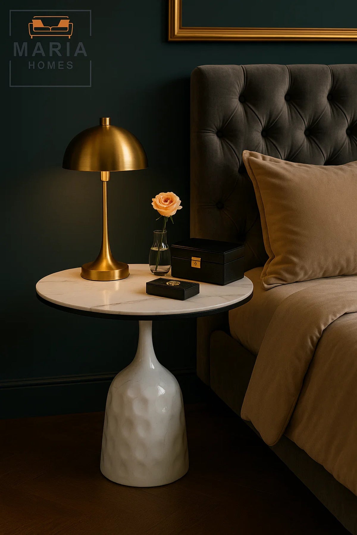 Round White Marble-Look Table with Glossy Textured Base