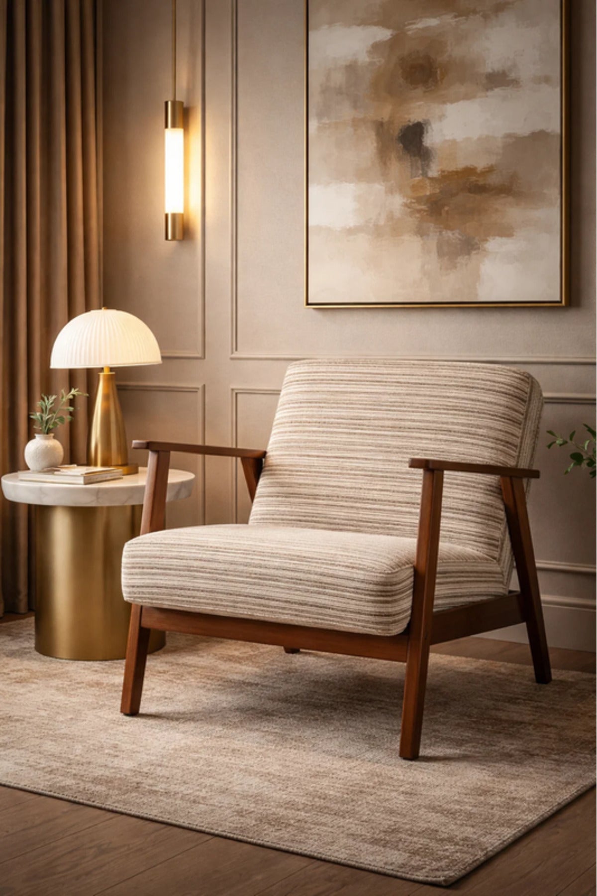 Modern Beige Fabric Lounge Armchair with Wooden Frame Comfortable Accent Chair
