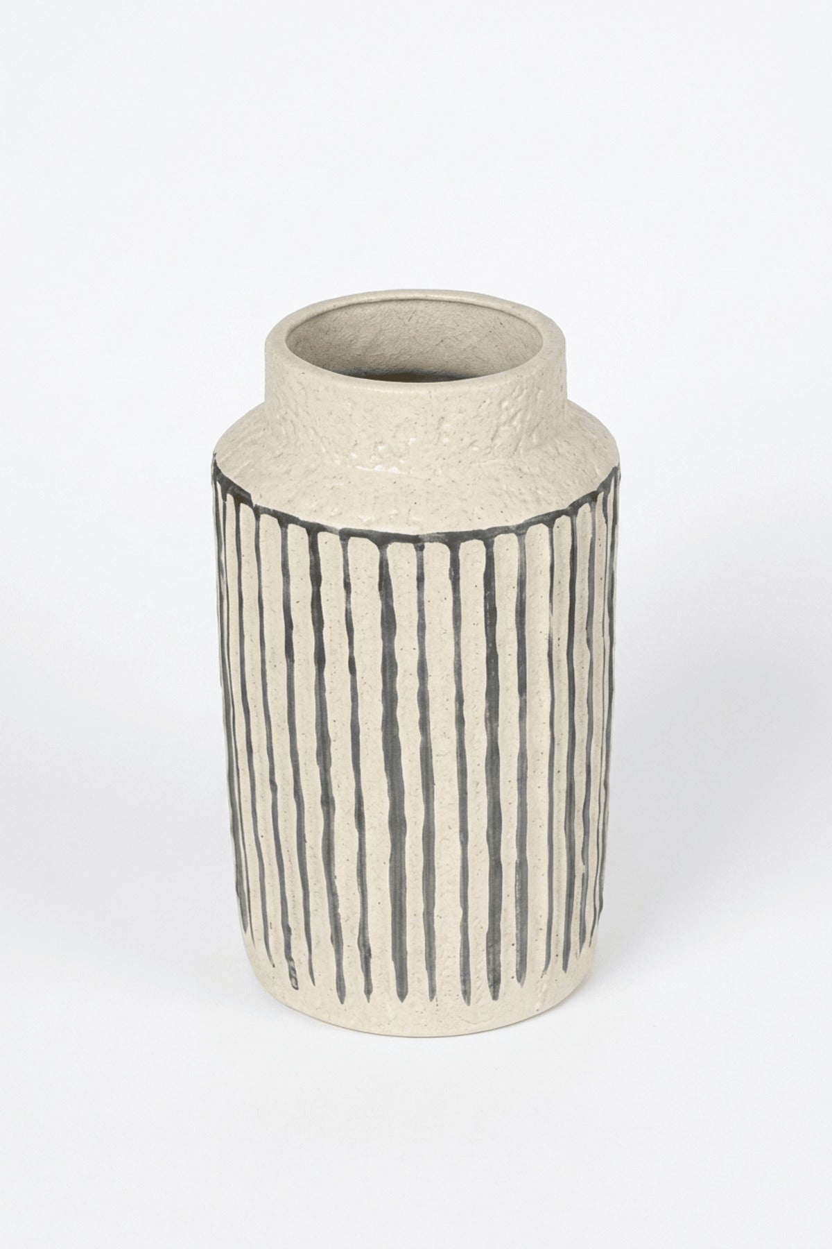 Decorative Ceramic Vase with Beige Body and Black Vertical Stripe Design for Home Decor