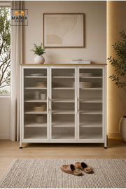 Modern Metal Storage Cabinet with Fluted Glass Doors √ê 3 Door Display Cabinet for Home & Office