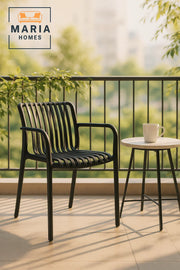 Black Slatted Plastic Armchair Ð Modern Outdoor Stackable Chair with Curved Back and Armrests