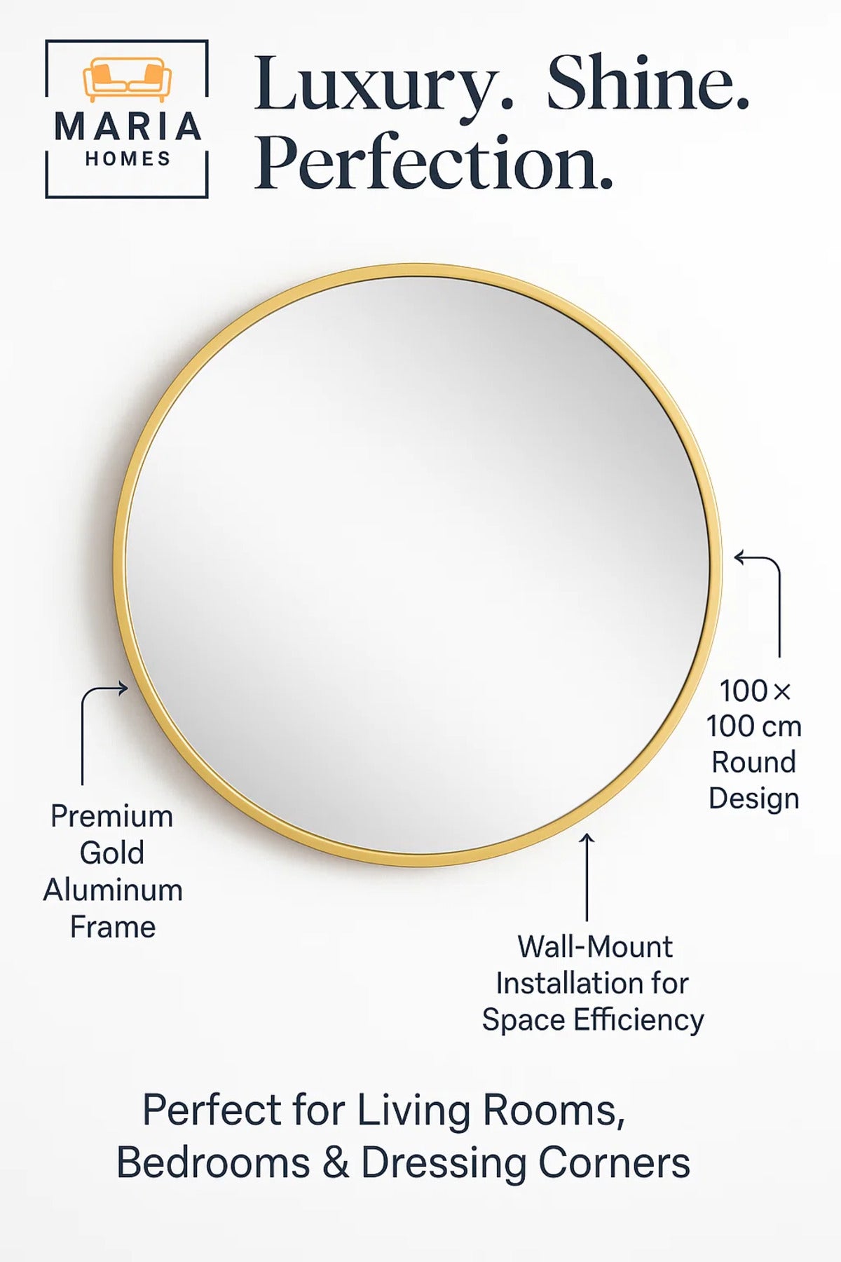 Round Gold Frame Wall Mirror for Bedroom, Bathroom, Vanity & Home D≈Ωcor 100x100 cm