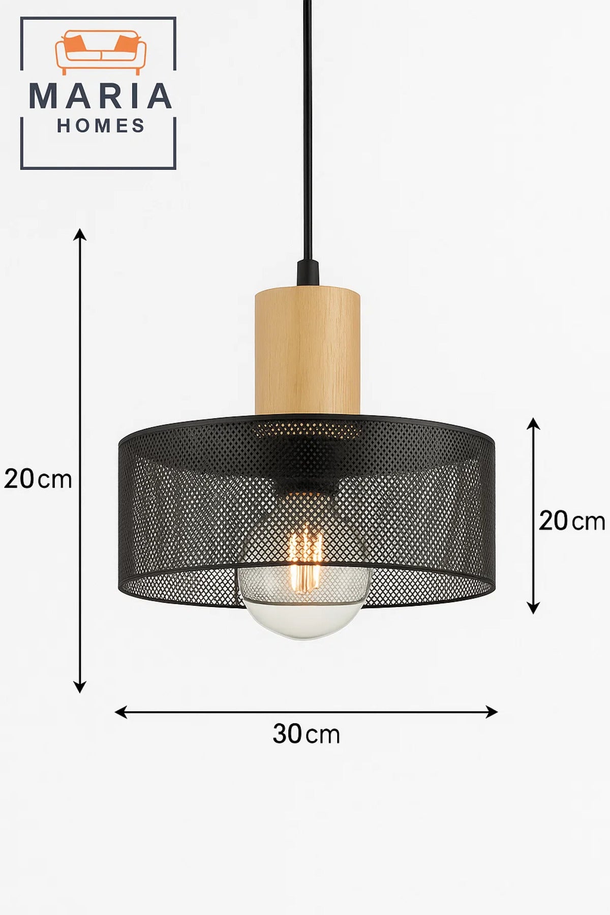 Black Mesh Pendant Light with Wood Accent