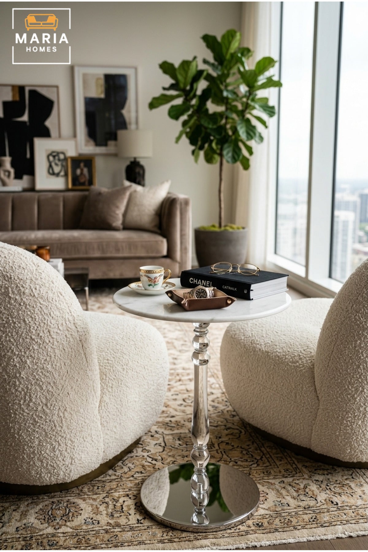 Modern Round Side Table with White Marble Top, Polished Silver Pedestal & Mirrored Base, Luxury Accent End Table for Living Room Bedroom Sofa Lounge