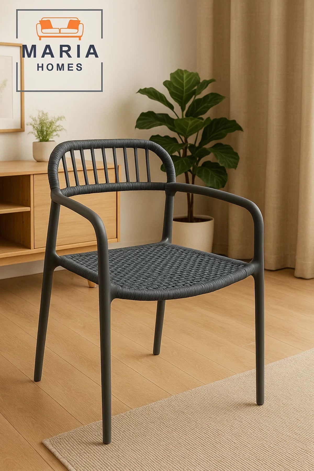 Grey Woven Plastic Chair with Armrests Ð Modern Indoor Outdoor Rattan-Style Stackable Patio Seating