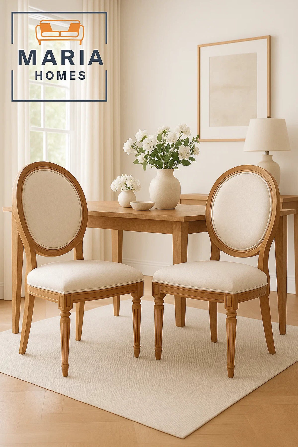 Classic Round Back Upholstered Chair Ð Solid Wood Frame with Cream Linen Seat for Elegant Interiors
