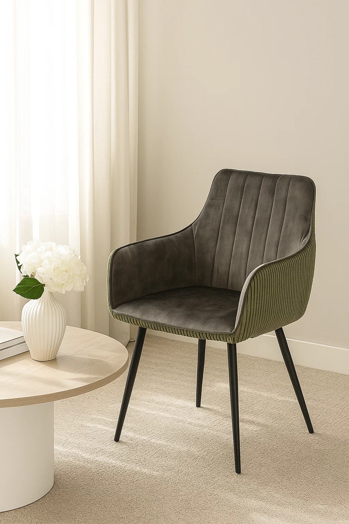 Green Grey Fabric Chair with Metal Legs | Modern Comfortable Chair for Home, Office & Living Room