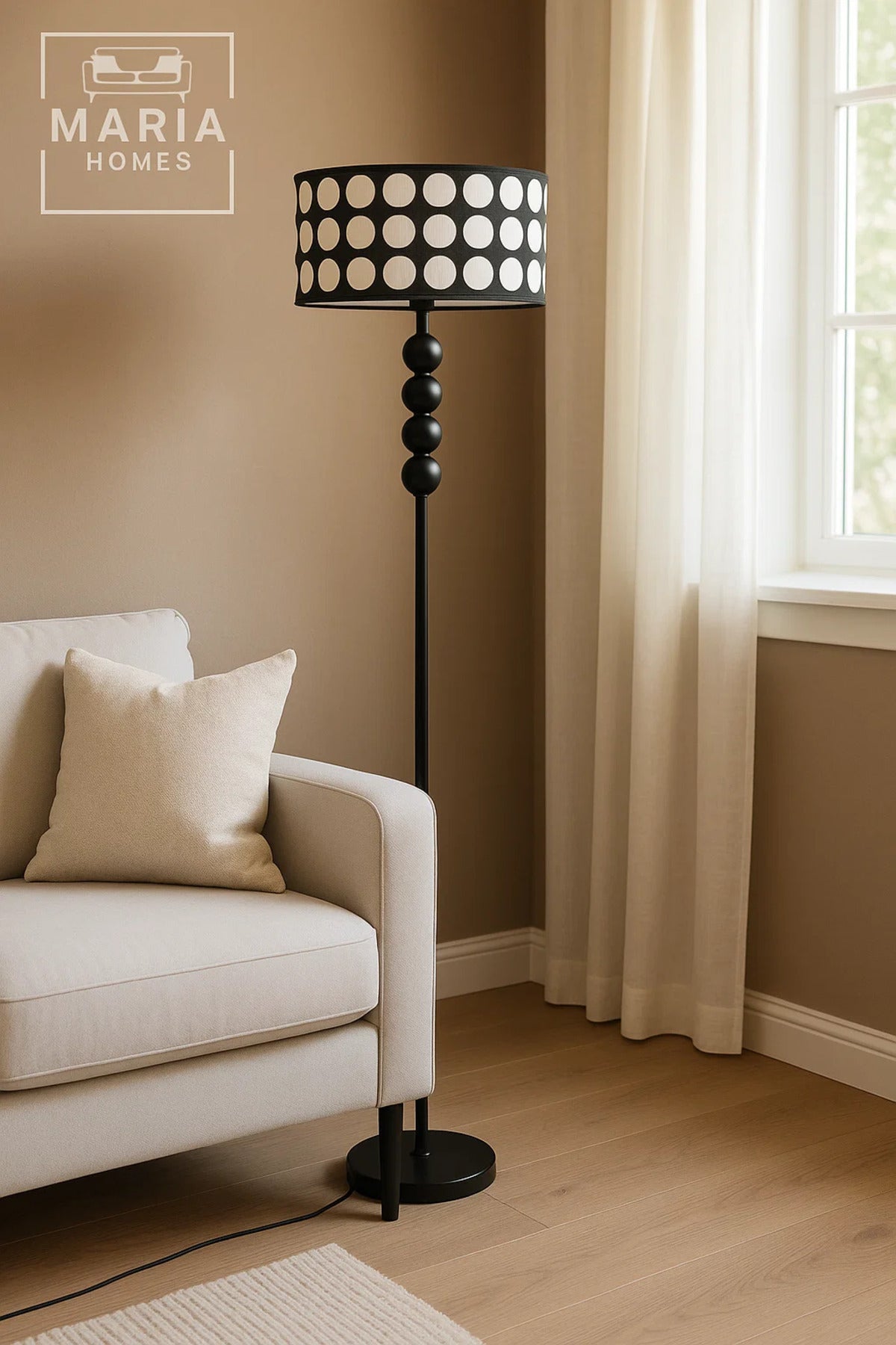 Black Floor Lamp with Polka Dot Shade and Sphere Accent