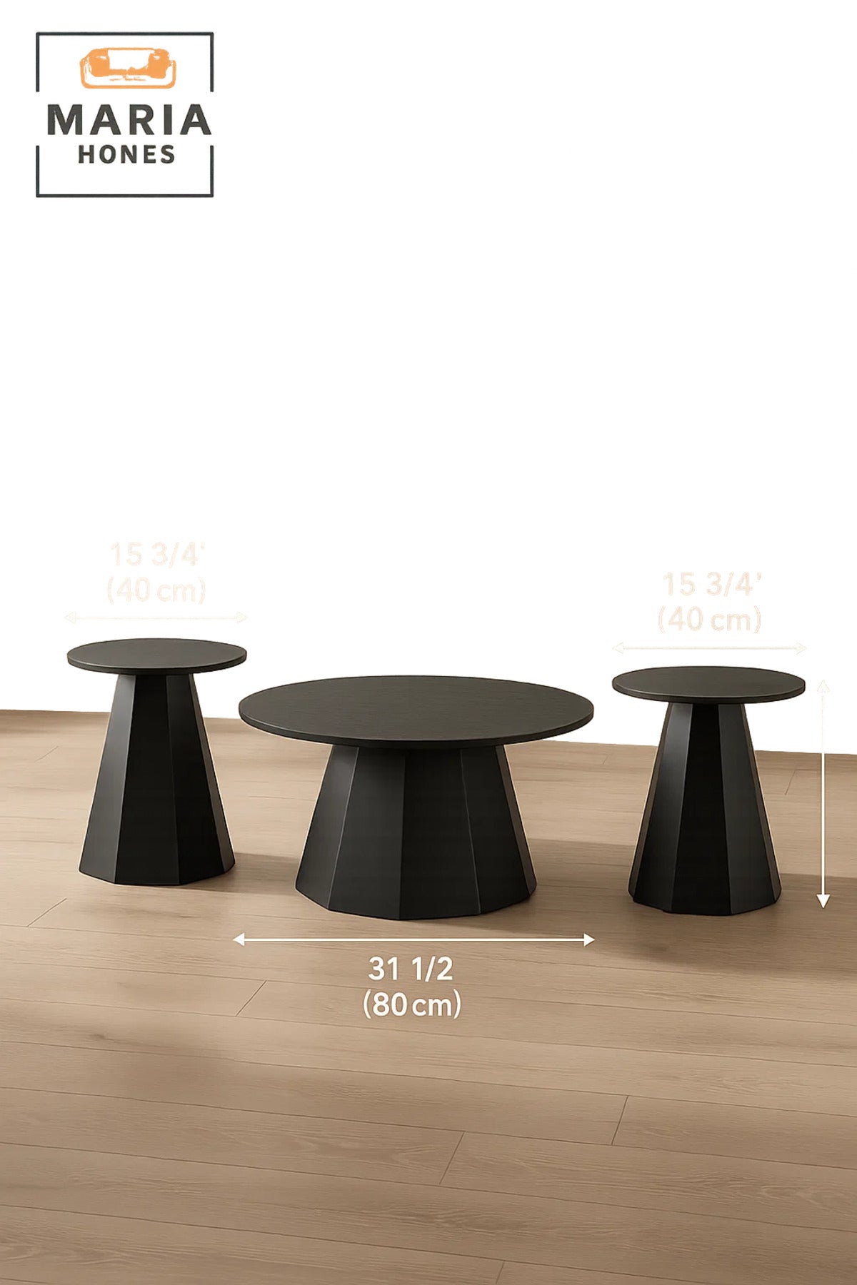 3-Piece Modern Black Cone Base Coffee Table Set